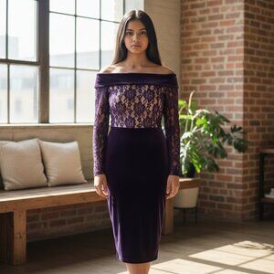 Shein Women's Purple Off the Shoulder Velvet & Lace Knee Length Dress Size Small